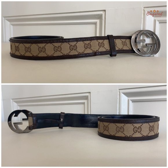 Authentic GUCCI Brown Monogram Canvas Silver Interlocking G Buckle Belt 90/36 - Picture 10 of 14